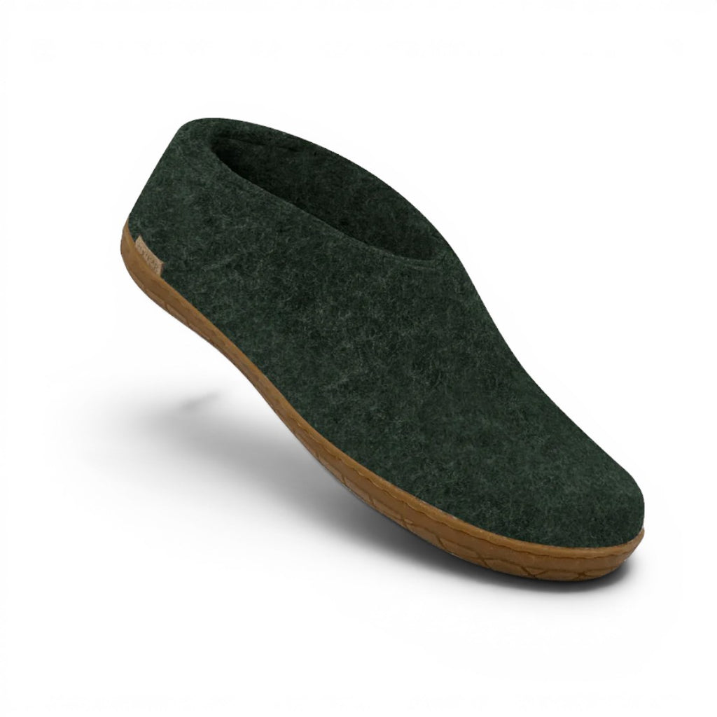 The Happy Shoe Shop Glerups The Shoe dark green wool slipper with a natural rubber sole.