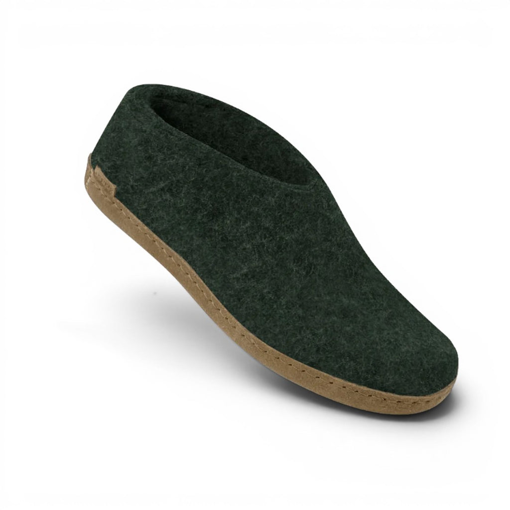 The Happy Shoe Shop Glerups The Shoe dark green wool slipper with natural leather sole.
