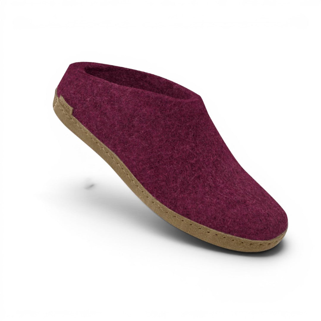 The Happy Shoe Shop Glerups The Shoe cranberry wool slippers with natural rubber sole.