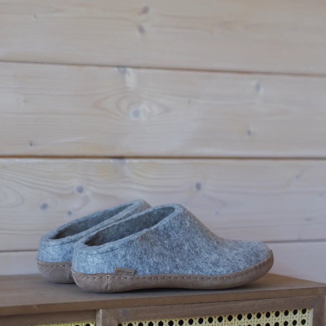 The Happy Shoe Shop Glerups The Shoe light grey wool slippers with natural rubber soles.