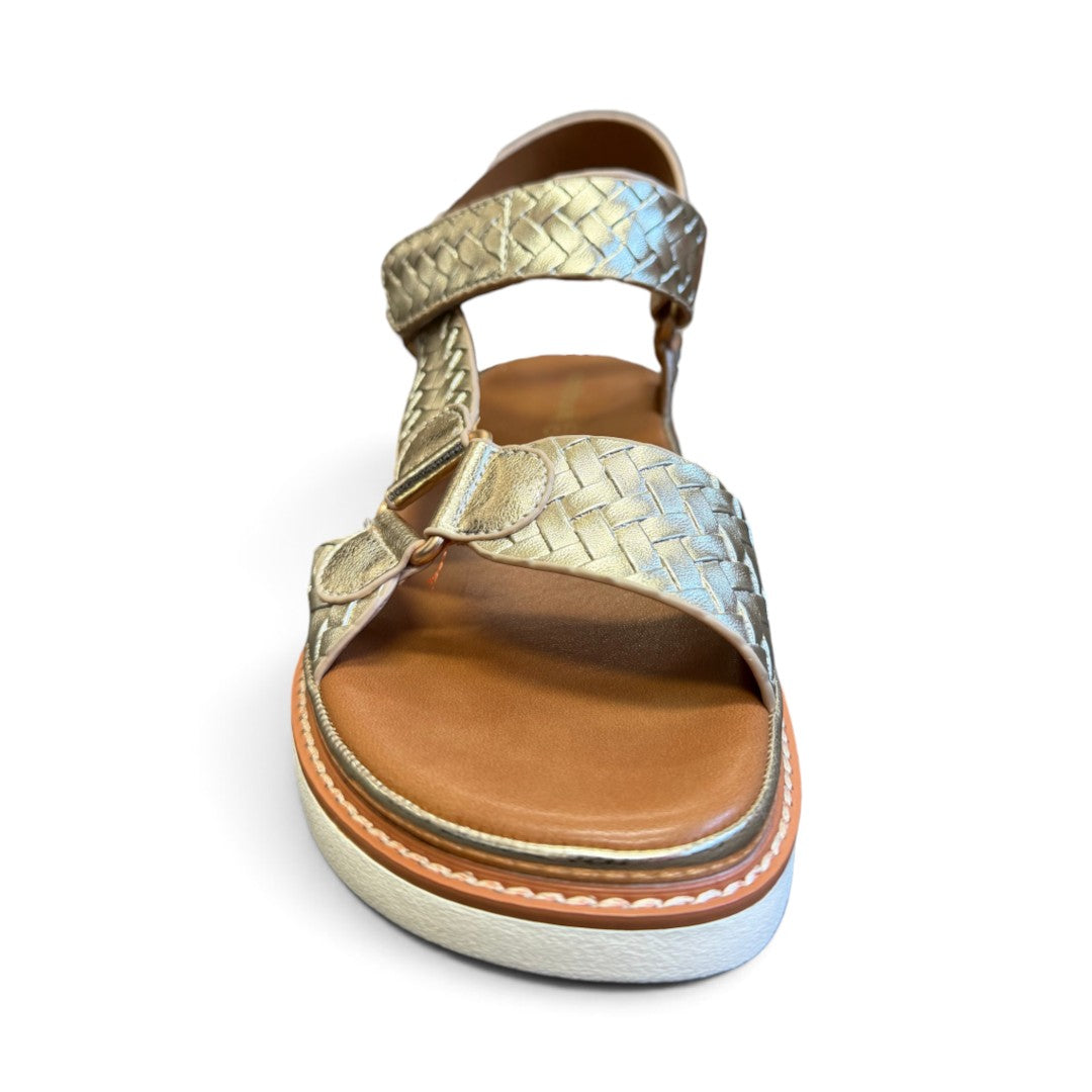 The Happy Shoe Shop Soultbush Harbour sandal in metallic gold woven leather with an adjustable Velcro strap.