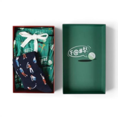 The Happy Shoe Shop Bamboozld Mens Hole in One Short & Sock Gift Set with golf print shorts and navy socks.