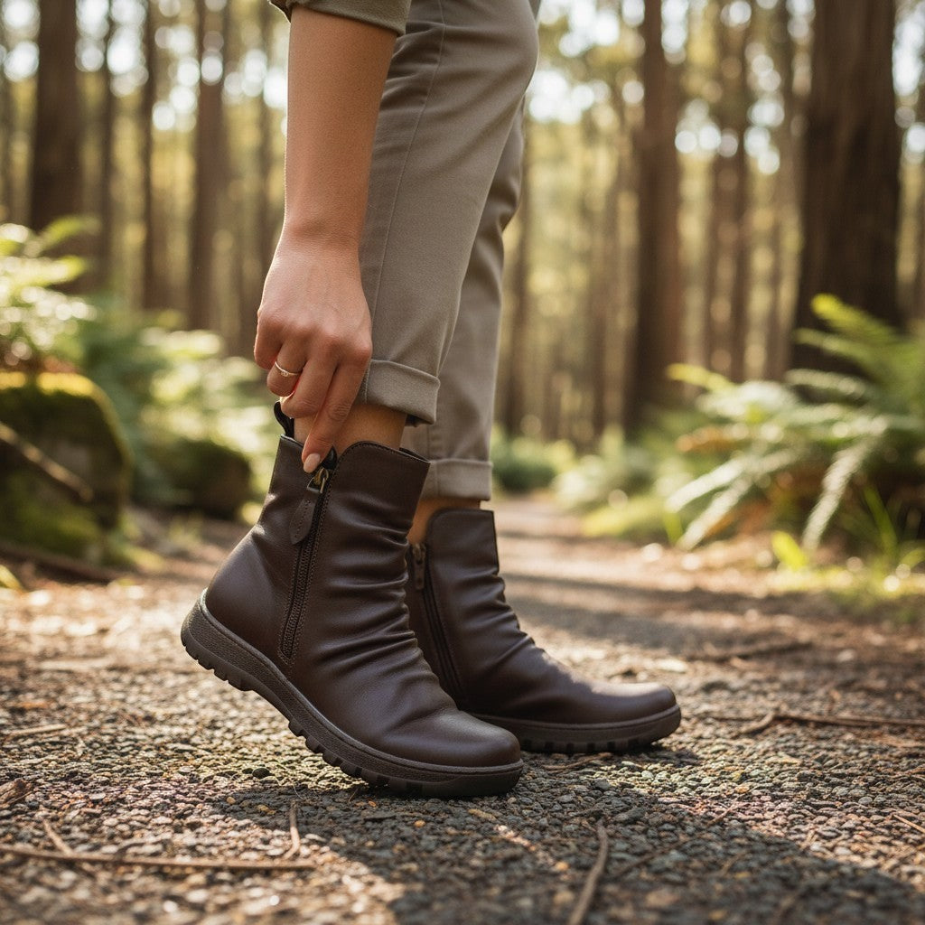 The Happy Shoe Shop CC Resorts Greco Boot in dark brown vegan leather with ruched detailing and dual zippers.