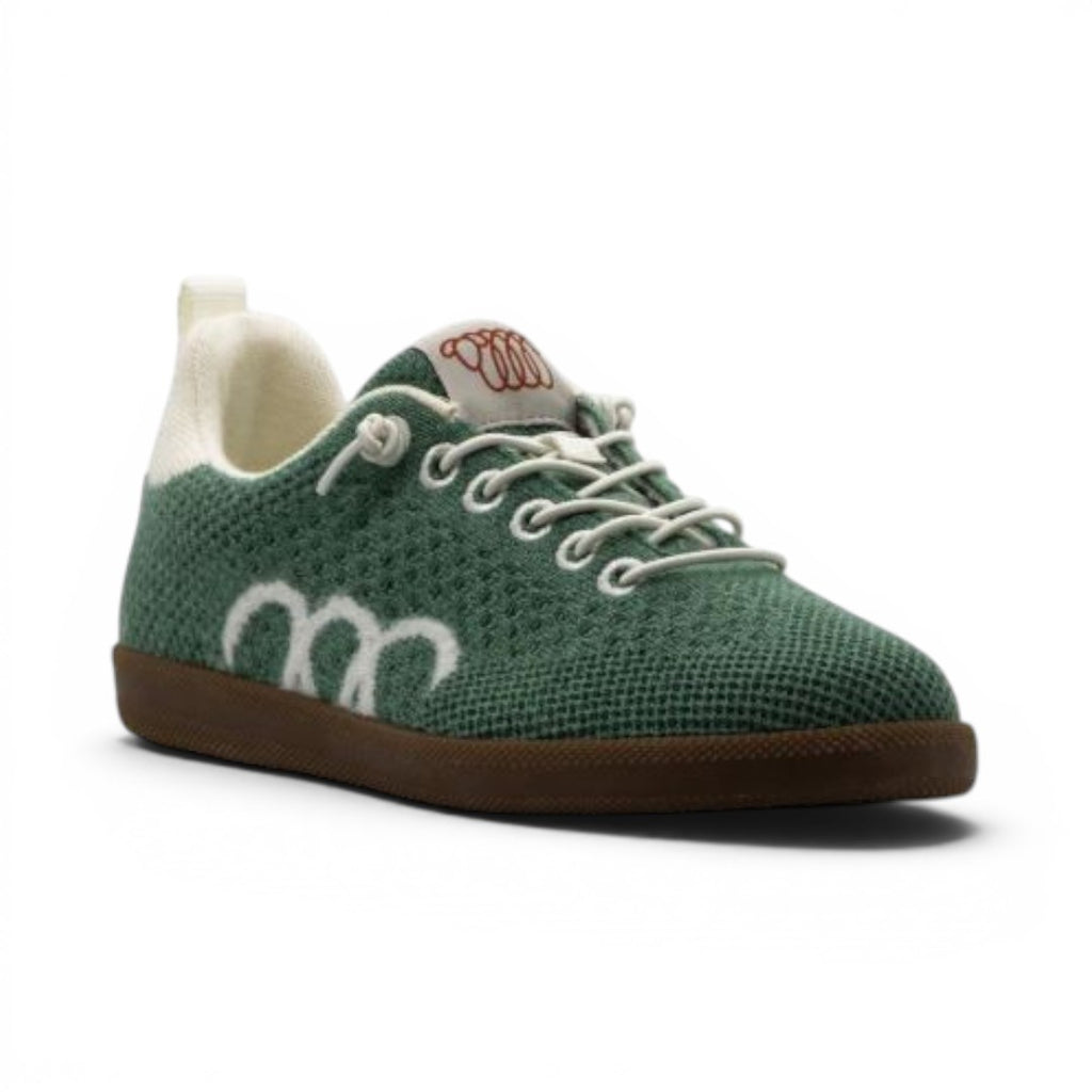 The Happy Shoe Shop Woolloomooloo Engadine green knitted Merino wool sneaker with elastic laces and brown sole