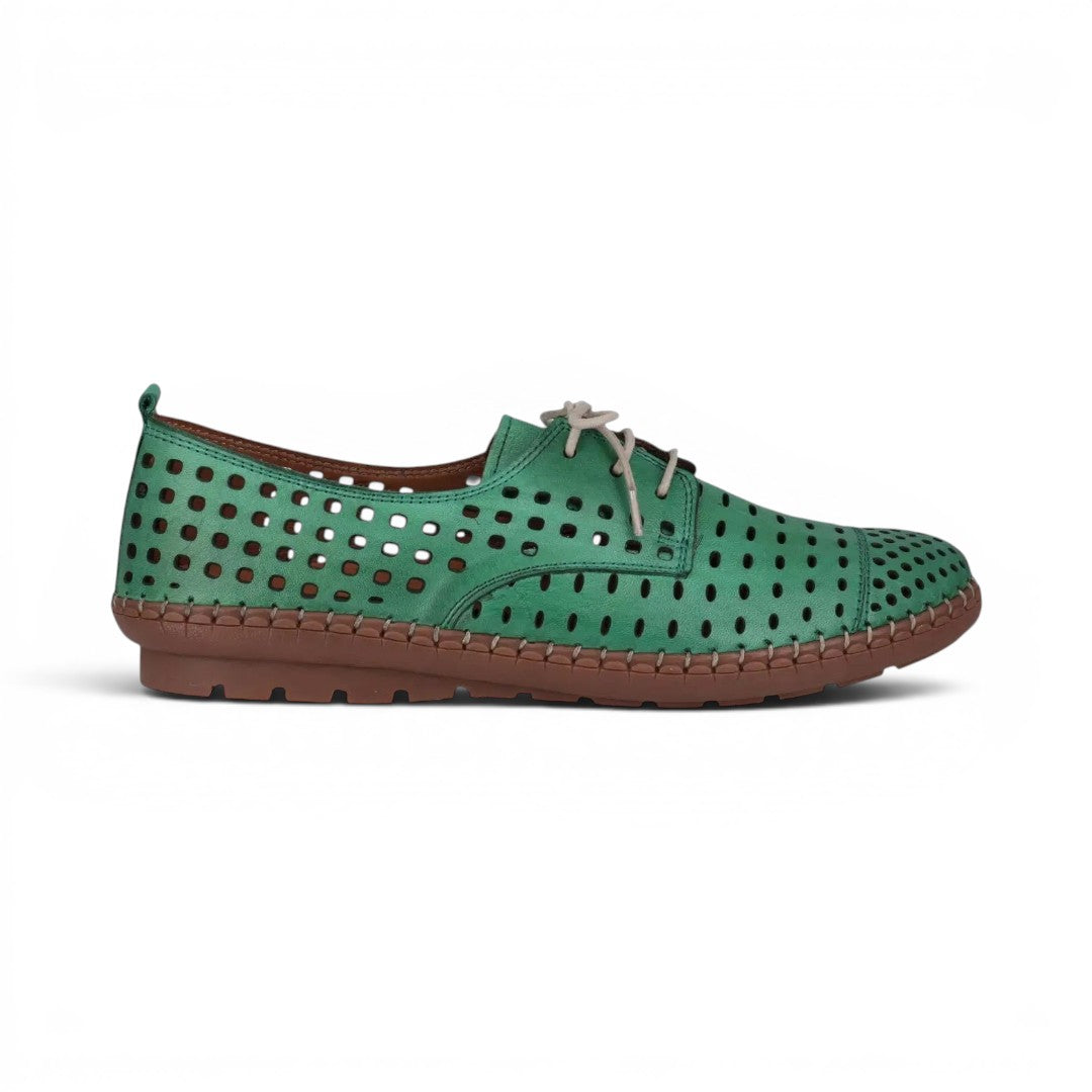 The Happy Shoe Shop Cabello Kroon green perforated leather lace-up shoe with a contrast brown stitched sole.
