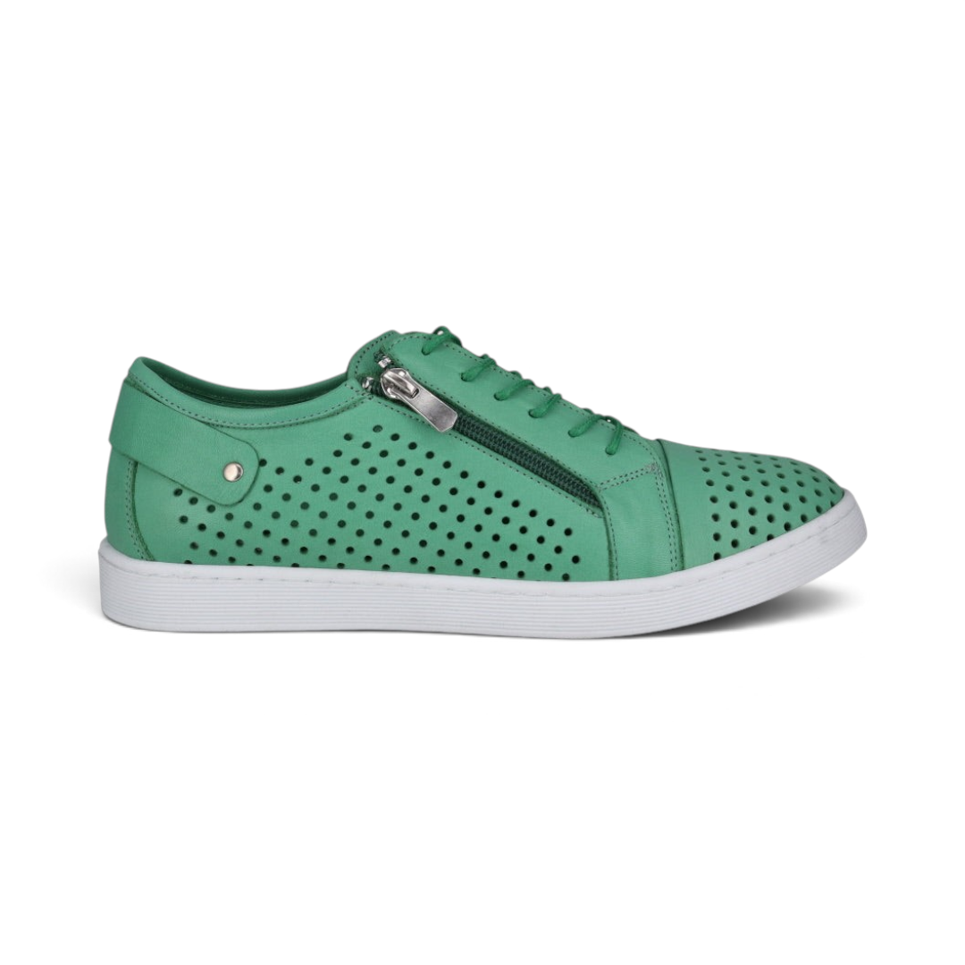 The Happy Shoe Shop Cabello EG17 green perforated leather sneaker with side zip and white sole