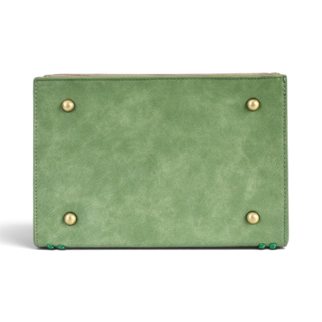 The Happy Shoe Shop Vendula London bag base in green vegan leather with four protective gold-tone metal studs