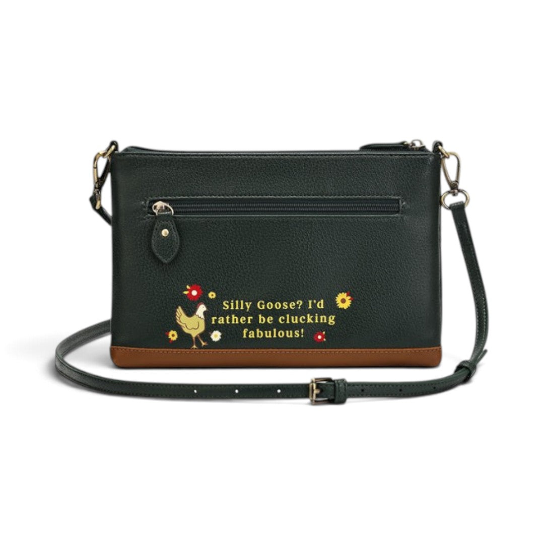 The Happy Shoe Shop Vendula London Farmhouse Pantry Kate bag in dark green vegan leather with chicken embroidery.