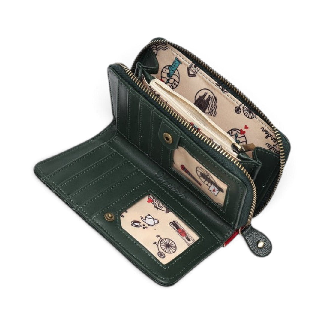 The Happy Shoe Shop Vendula London Farmhouse Pantry green vegan leather ziparound wallet with interior card slots