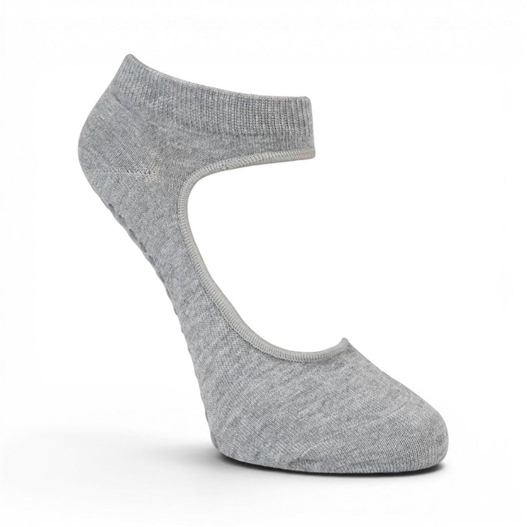 The Happy Shoe Shop grey non-slip Pilates and yoga socks with cut-out design and bamboo-cotton blend.
