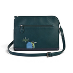 The Happy Shoe Shop Vendula London Haunted Theatre Bella Bag in dark green vegan leather with skeleton cat detail.