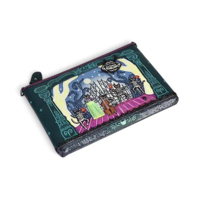 The Happy Shoe Shop Vendula London Haunted Theatre Kate Bag in vegan leather with skeleton cat and stage design.