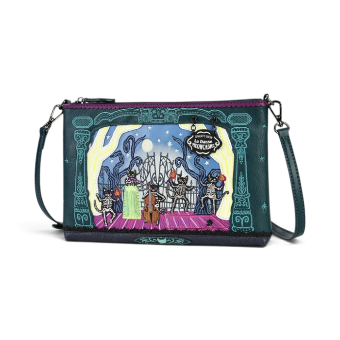 The Happy Shoe Shop Vendula Haunted Theatre Kate Bag in teal vegan leather with spooky skeleton cat theatre print.