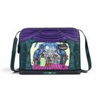 The Happy Shoe Shop Vendula London Haunted Theatre Bella Bag in purple and teal vegan leather with skeleton cat print.