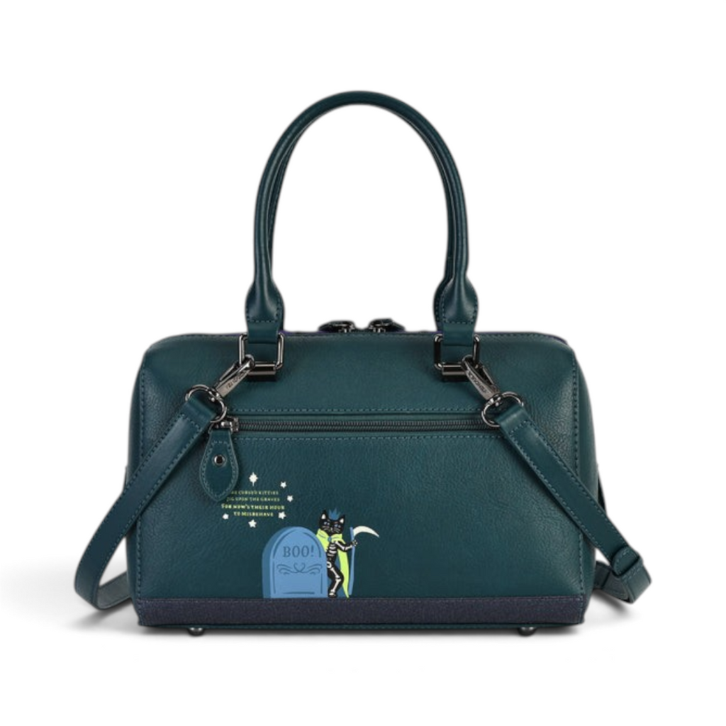 The Happy Shoe Shop Vendula Haunted Theatre bowler bag in dark green vegan leather with skeleton cat graphic