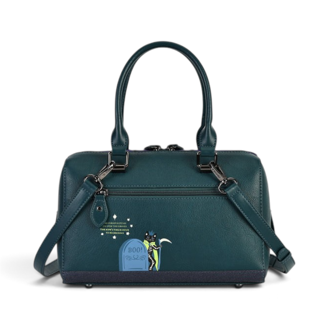 The Happy Shoe Shop Vendula Haunted Theatre bowler bag in dark green vegan leather with skeleton cat graphic