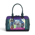 The Happy Shoe Shop Vendula London Haunted Theatre bowler bag in purple and green vegan leather with skeleton cat art.