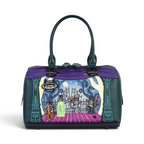 The Happy Shoe Shop Vendula London Haunted Theatre bowler bag in purple and green vegan leather with skeleton cat art.