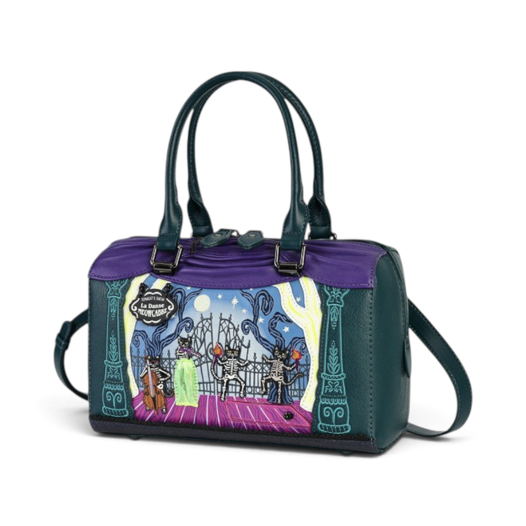The Happy Shoe Shop Vendula London Haunted Theatre bowler bag in green and purple vegan leather with skeleton cat art