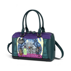 The Happy Shoe Shop Vendula London Haunted Theatre bowler bag in green and purple vegan leather with skeleton cat art