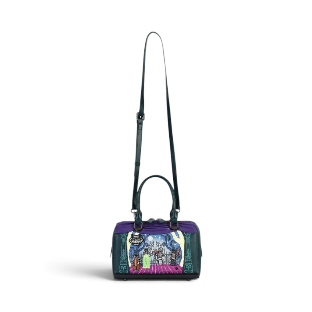 The Happy Shoe Shop Vendula Haunted Theatre bowler bag in purple vegan leather with gothic skeleton cat print.