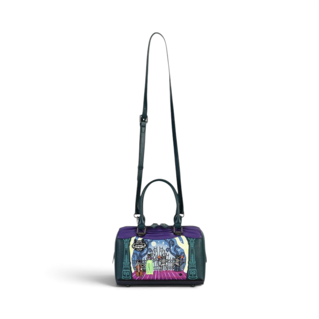 The Happy Shoe Shop Vendula Haunted Theatre bowler bag in purple vegan leather with gothic skeleton cat print.