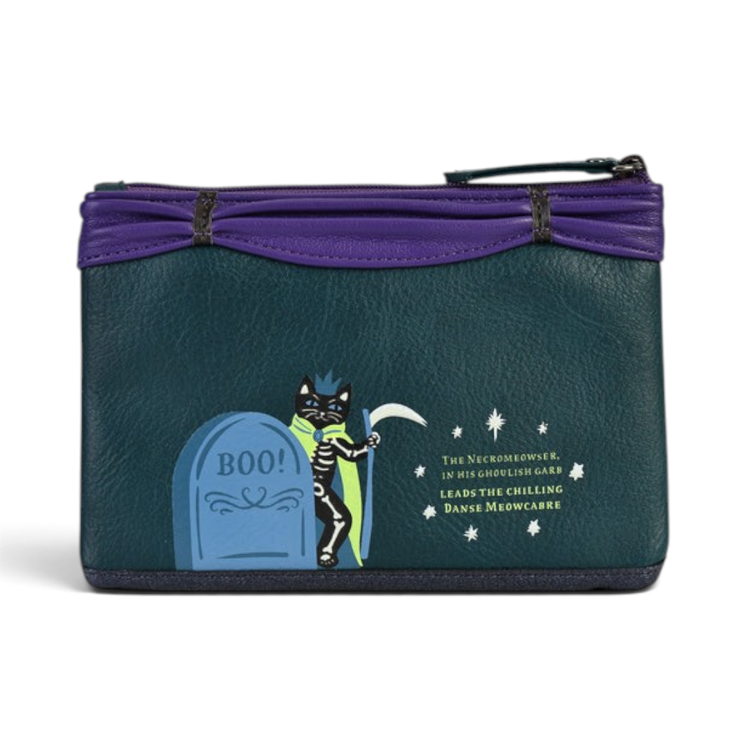 The Happy Shoe Shop Vendula London Haunted Theatre vegan leather coin purse with skeleton cat and tombstone design.