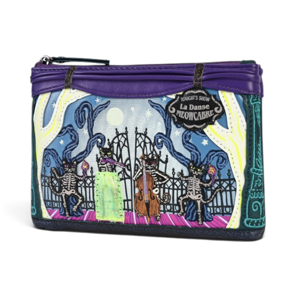 The Happy Shoe Shop Vendula Haunted Theatre coin purse in vegan leather with skeleton cat and theatre stage design.