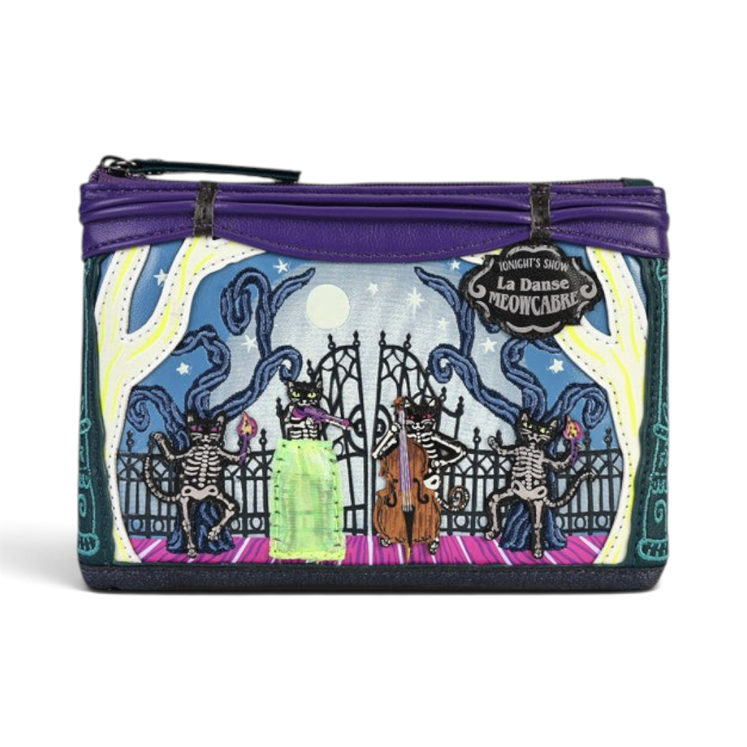 The Happy Shoe Shop Vendula London Haunted Theatre vegan leather coin purse with skeleton cat and theatre print.