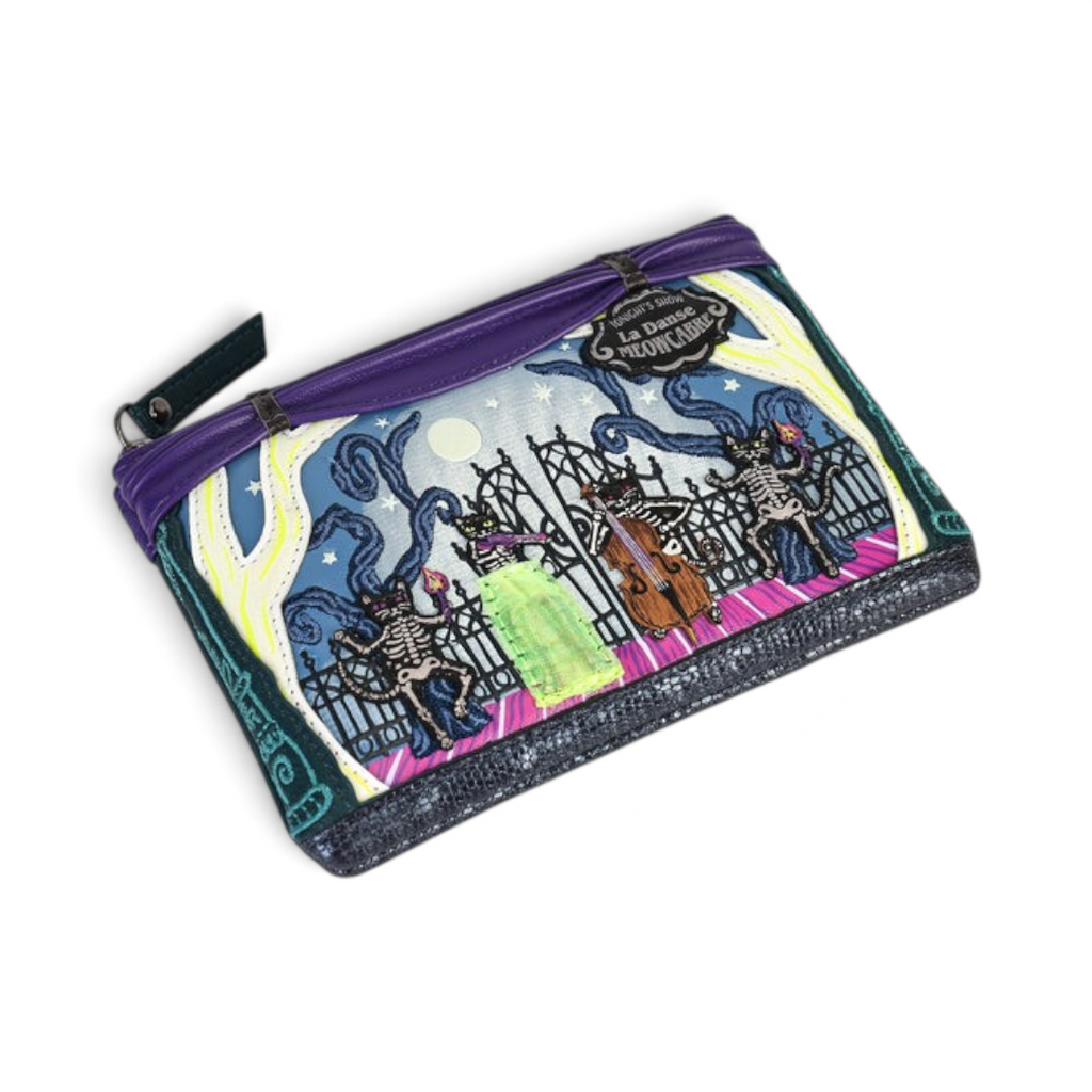 The Happy Shoe Shop Vendula London Haunted Theatre vegan leather coin purse with skeleton cat and theatre design