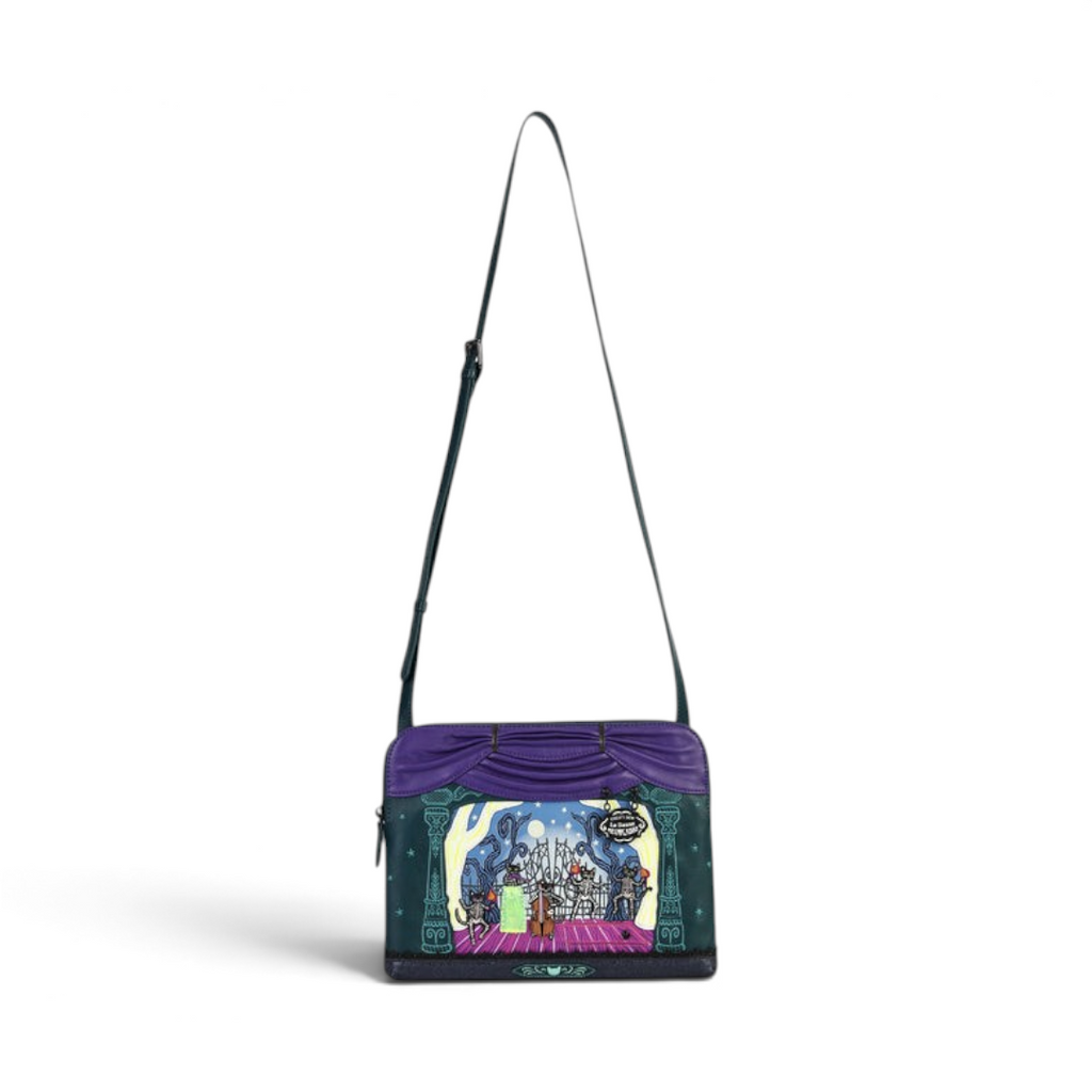 The Happy Shoe Shop Vendula London Haunted Theatre crossbody bag in vegan leather with spooky skeleton cat print.