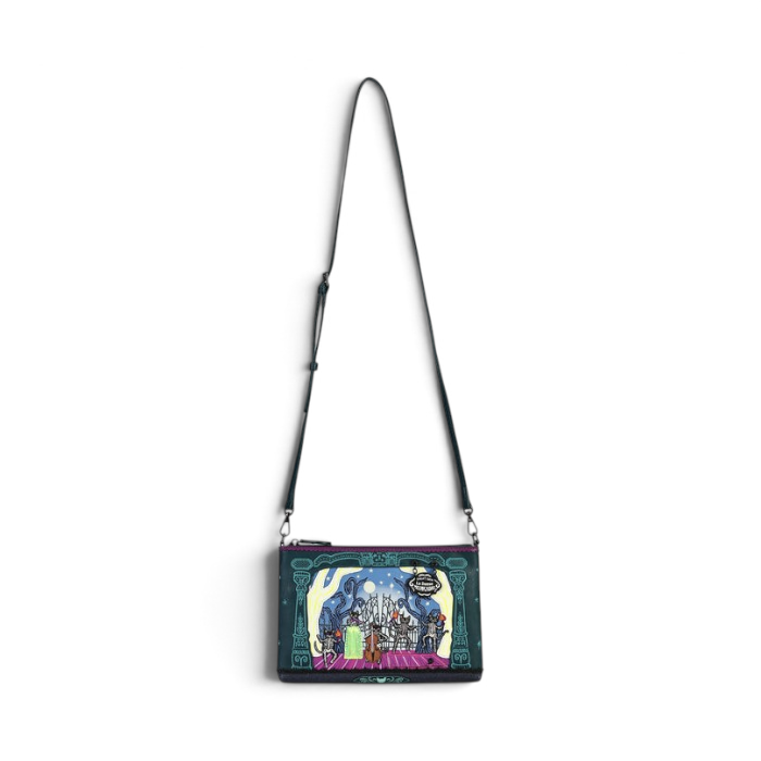 The Happy Shoe Shop Vendula Haunted Theatre Kate Bag in vegan leather with spooky theatre and skeleton cat print.