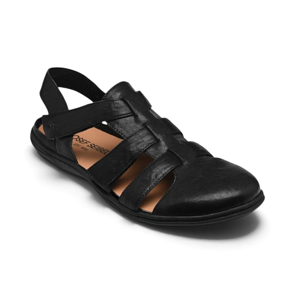 The Happy Shoe Shop Josef Seibel Caitlyn 01 black leather closed-toe sandal with adjustable strap and rubber sole.
