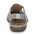 The Happy Shoe Shop Josef Seibel Caitlyn 01 silver leather closed-toe sandal, rear view with adjustable strap.