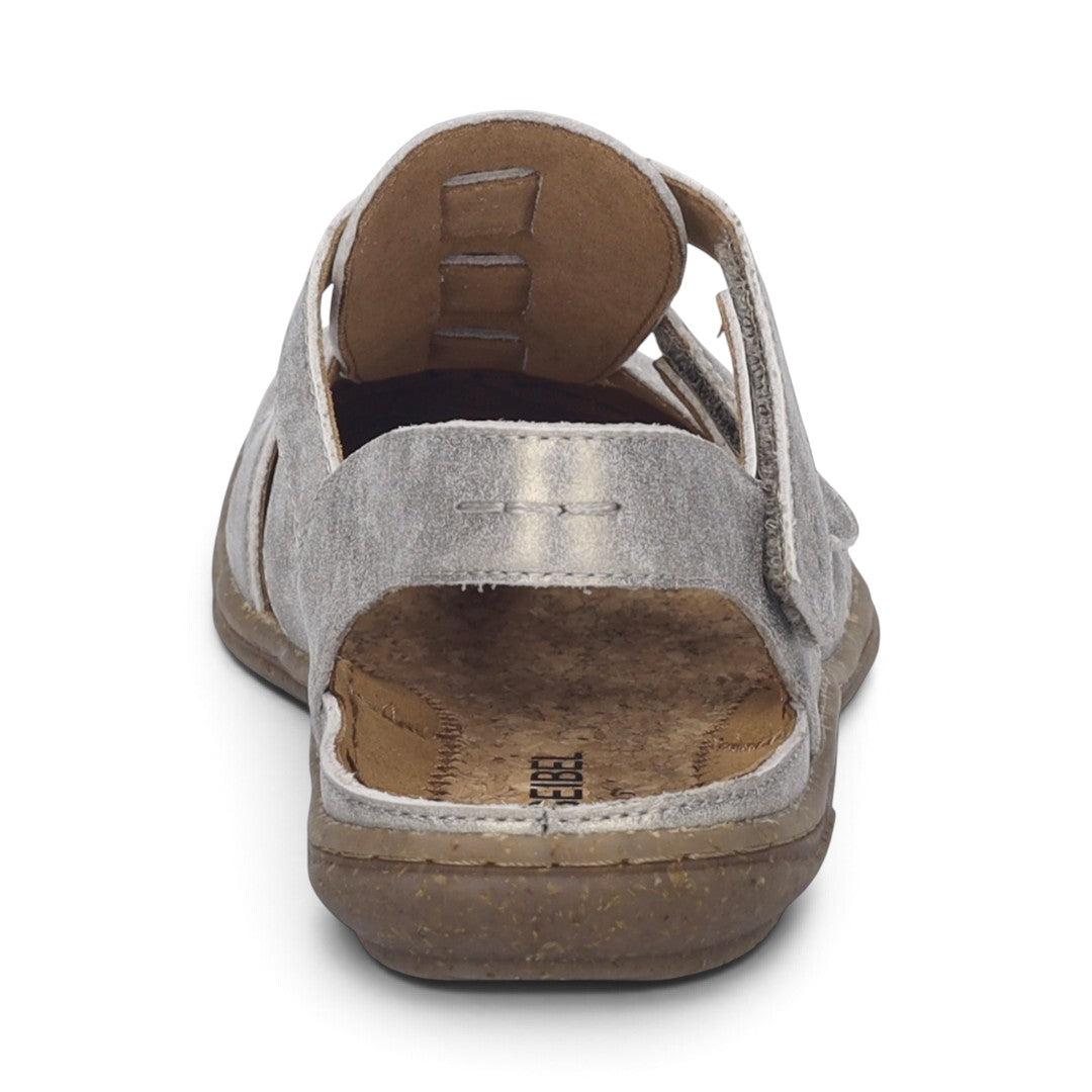 The Happy Shoe Shop Josef Seibel Caitlyn 01 silver leather closed-toe sandal, rear view with adjustable strap.