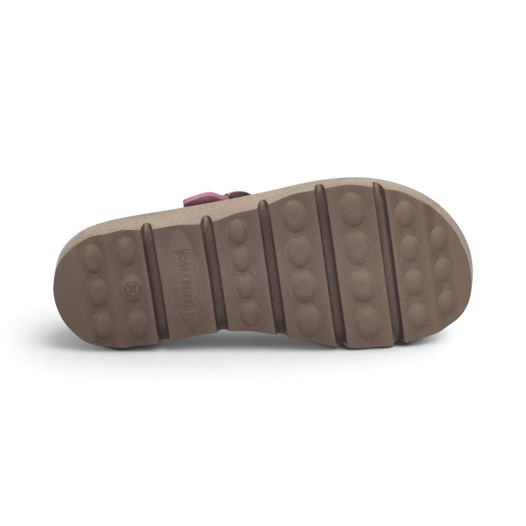 The Happy Shoe Shop Josef Seibel Carmaux 05 suede slide showing the brown chunky lugged rubber outsole