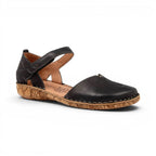 The Happy Shoe Shop Josef Seibel Rosalie 42 black leather closed-toe sandal with T-strap and floral cork sole.