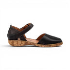 The Happy Shoe Shop Josef Seibel Rosalie 42 black leather closed-toe sandal with a decorative cork-infused sole.