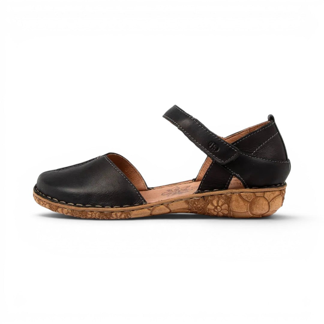 The Happy Shoe Shop Josef Seibel Rosalie 42 black leather closed-toe sandal with floral cork sole and strap.