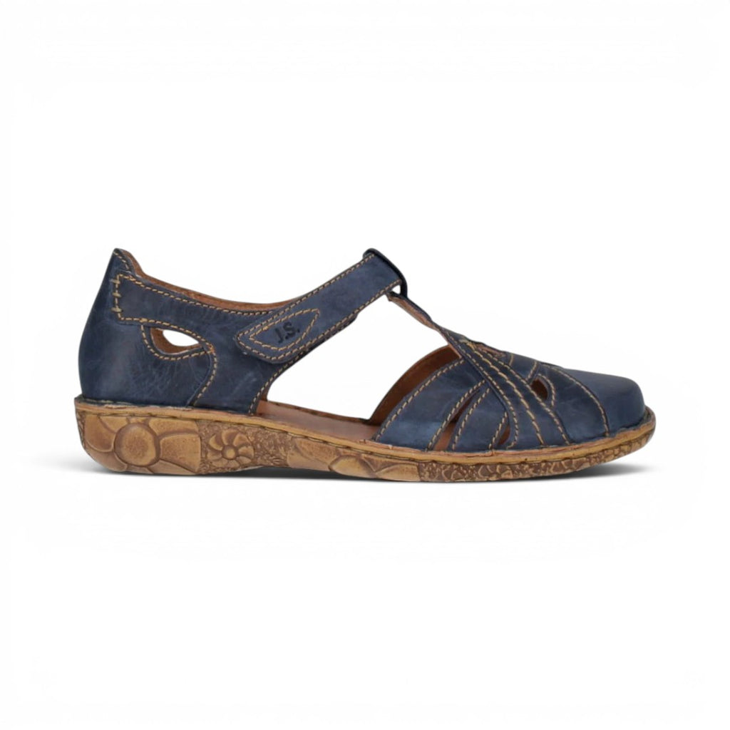 The Happy Shoe Shop Josef Seibel Rosalie 29 navy blue leather closed-toe sandal with cork footbed and T-strap design.