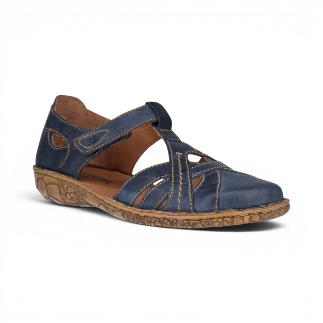 The Happy Shoe Shop Josef Seibel Rosalie 29 navy blue leather closed-toe sandal with cork footbed and velcro strap.