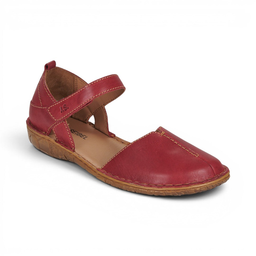 The Happy Shoe Shop Josef Seibel Rosalie 42 red leather closed-toe sandal with adjustable strap and stitched detail
