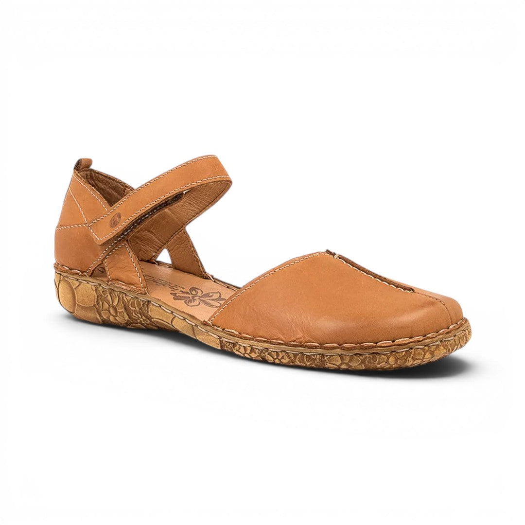 The Happy Shoe Shop Josef Seibel Rosalie 42 tan leather closed-toe sandal with adjustable strap and cork-effect sole.