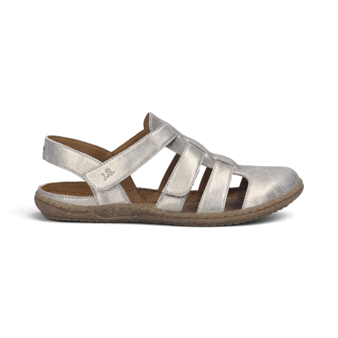 The Happy Shoe Shop Josef Seibel Caitlyn 01 silver leather closed-toe sandal with adjustable Velcro strap.