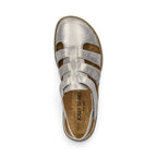 The Happy Shoe Shop Josef Seibel Caitlyn 01 silver leather closed-toe sandal with adjustable strap and cork footbed