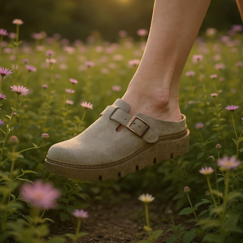 The Happy Shoe Shop Josef Seibel Carmaux 05 beige suede slide with adjustable buckle and chunky lugged sole in a field