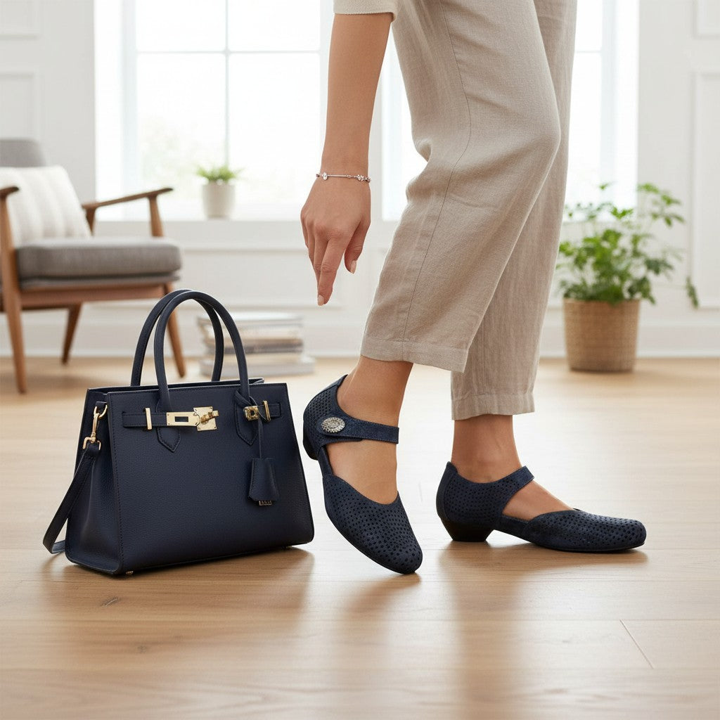 The Happy Shoe Shop Klouds Darlene navy blue perforated leather Mary Jane heels with adjustable velcro strap and 3cm heel.