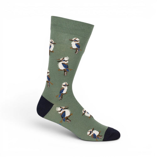 The Happy Shoe Shop Bamboozld mens sage green socks with kookaburra pattern and navy toe. Made from bamboo.