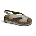 The Happy Shoe Shop Bay Lane Lacey platform sandals in beige woven fabric with a cork-effect sole and slingback strap