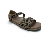The Happy Shoe Shop Bay Lane Moonta sandals in leopard print with adjustable Velcro straps and cushioned arch support.